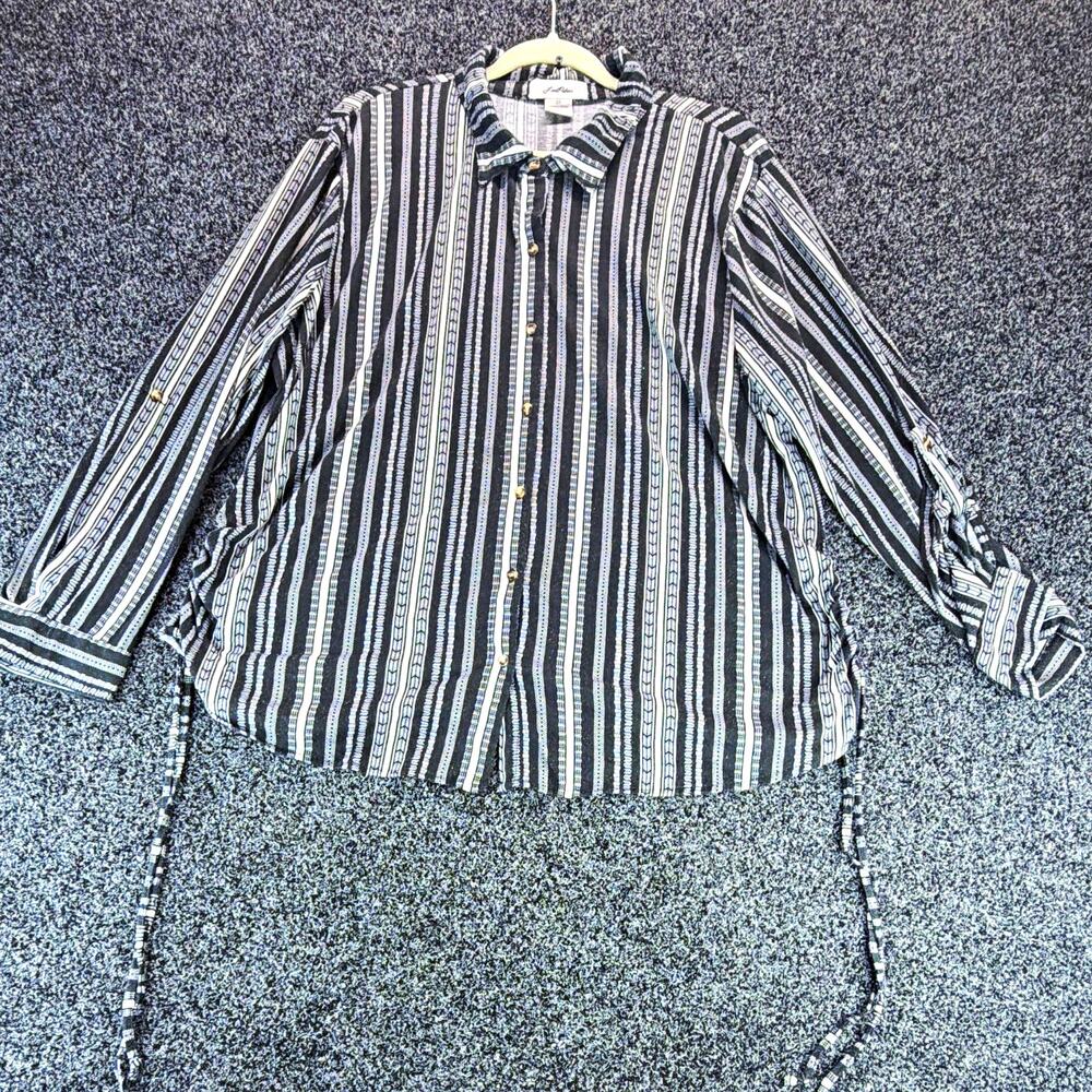 Love Potion Women's Black White Striped Collared Button-Up Blouse Long Sleeve 2X